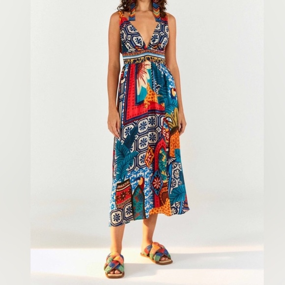FARM RIO Forest tiles v-neck dress Medium - Picture 1 of 14